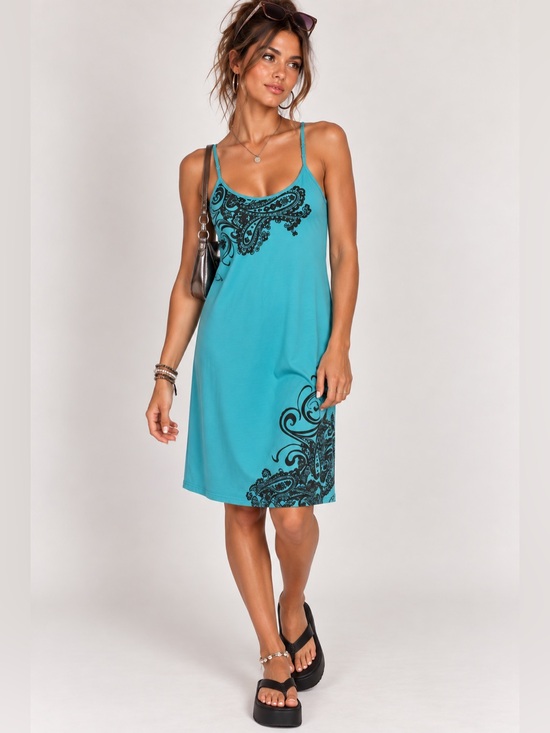 Athleta Dresses & Skirts - Athleta Y2K Vintage Style Teal Paisley Swim Cami Dress Built In Bra Boho Small